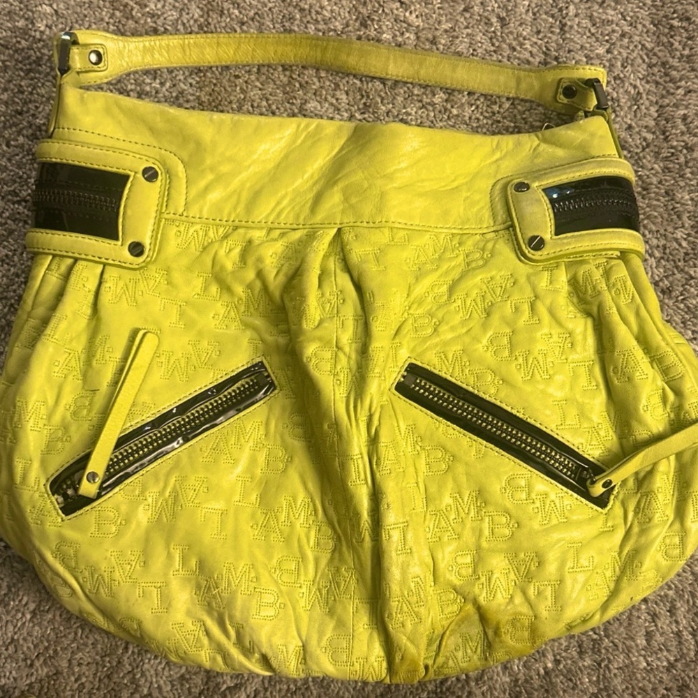 L.A.M.B Gwen Stefani Lime Ultraviolet Leather Shoulder Bag With Dual Zippers